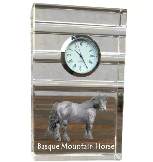 Basque Mountain Horse - glass clock with a photo, photo of a horse in crystal, personalized standing office clock by Art-Dog brand