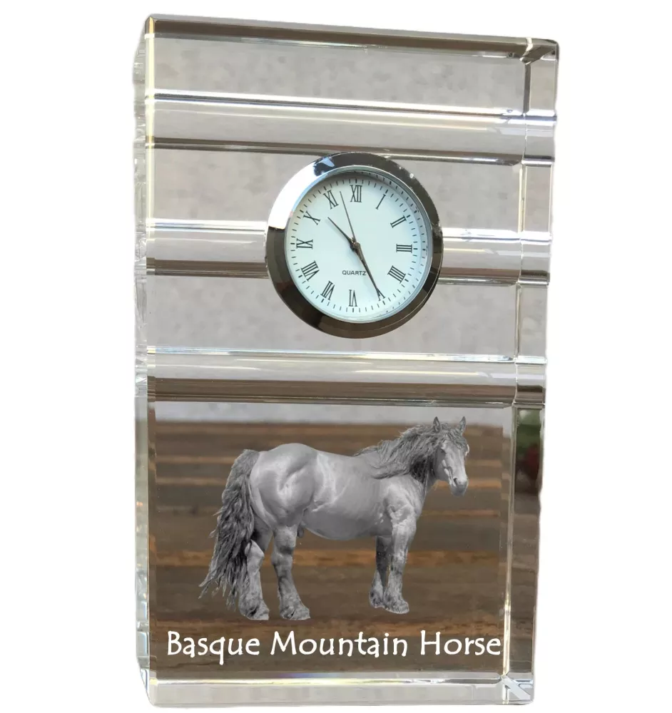 Cheval de montagne basque - horloge en verre avec photo, photo de cheval dans un cristal, horloge de bureau personnalisée de la marque Art-Dog