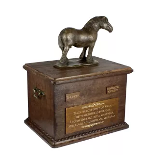 Belgijski, Percheron drewniana urna z statuetką z brązu Art-Dog