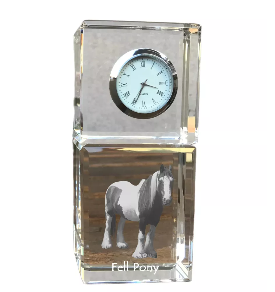 Fellpony - Kristalluhr mit Bild, Pferdebild im Kristall, personalisierte Schreibtischuhr der Marke Art-Dog