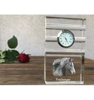 Freiberger - glass clock with a photo, photo of a horse in crystal, personalized standing office clock by Art-Dog brand