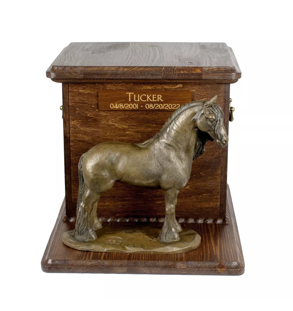 Friesian Horse Mare - urn for horse ashes with a statuette, personalized urn with engraving, large box for horse ashes from the Art-Dog brand