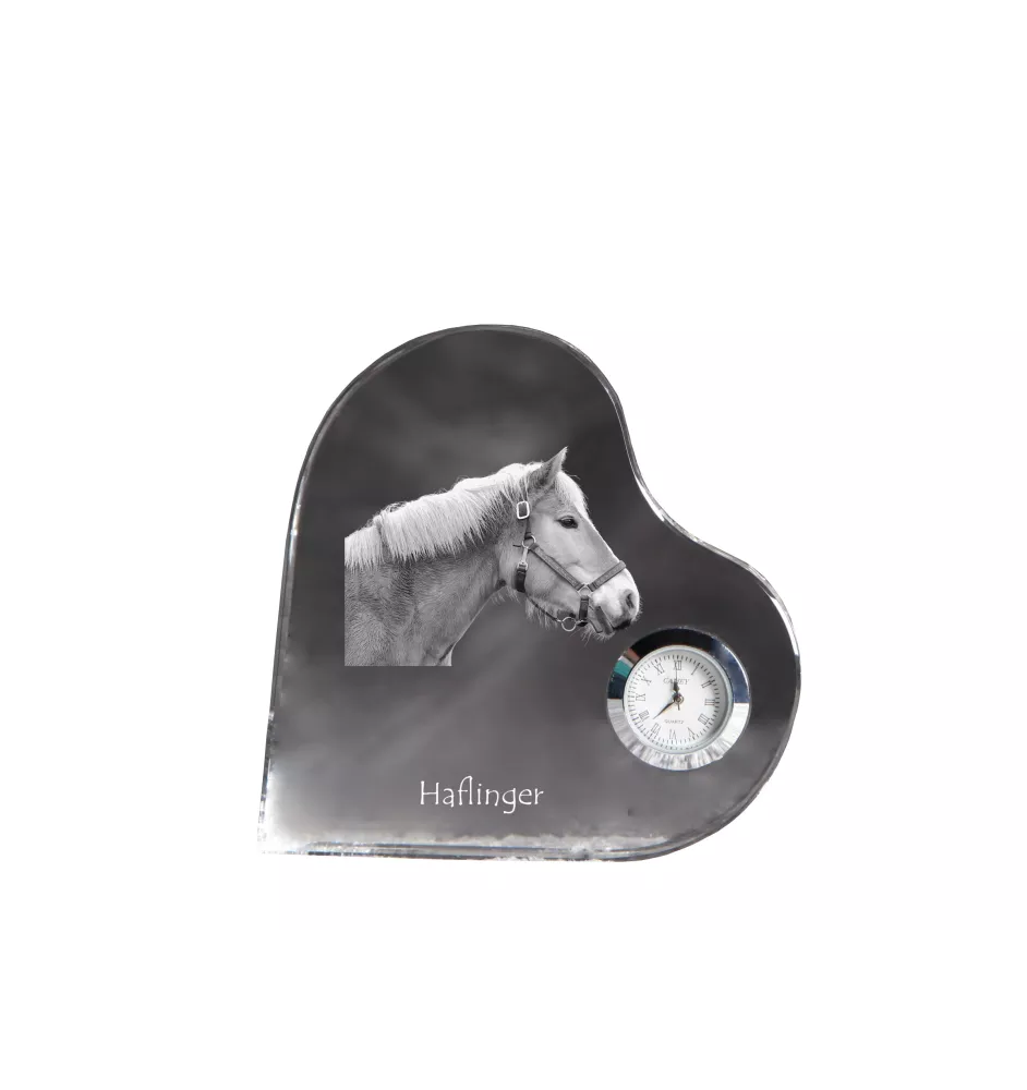 Haflinger - horloge en cristal avec une photo de cheval, horloge de table en forme de cœur, horloge debout personnalisée de la marque Art-Dog
