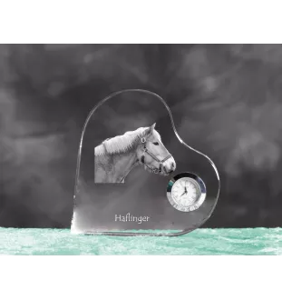 Haflinger - Kristalluhr mit einem Pferdebild, Herzregal-Uhr, personalisierte Standuhr der Marke Art-Dog