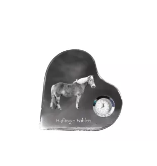 Haflinger Fohlen - crystal clock with a picture of a horse, heart-shaped shelf clock, personalized standing clock by Art-Dog brand
