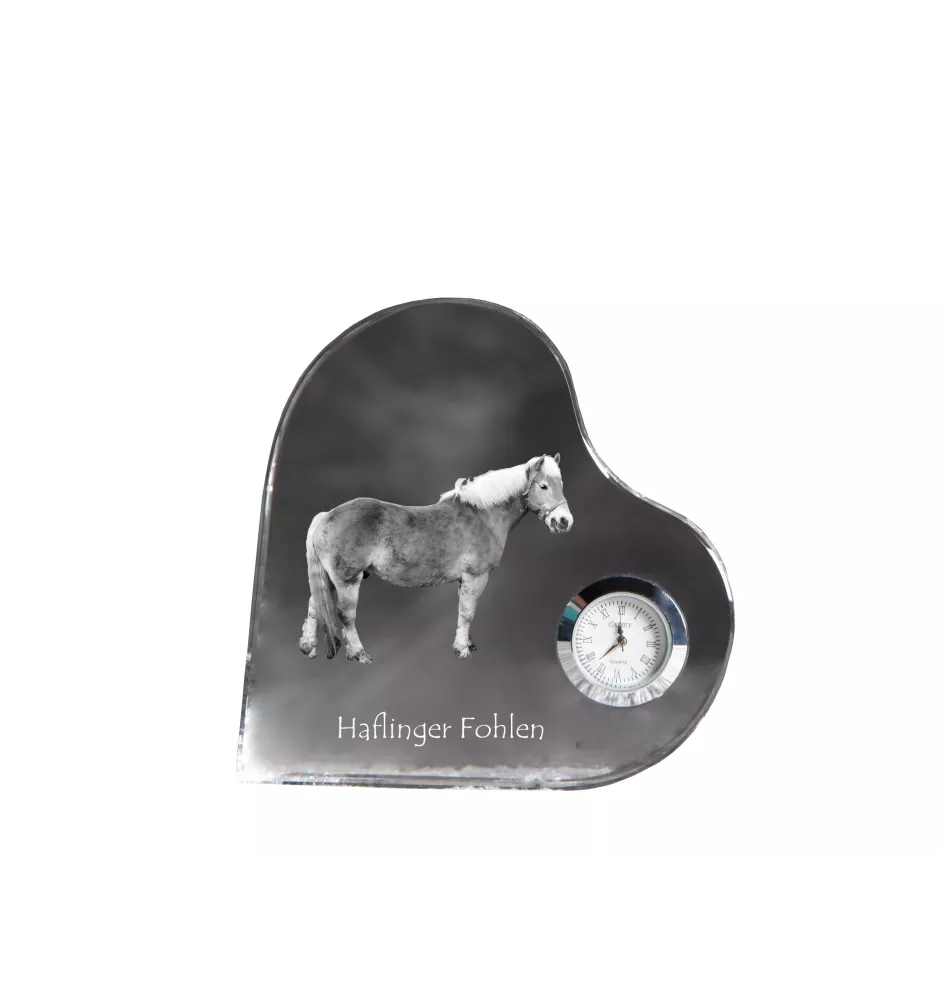 Haflinger Fohlen - Kristalluhr mit einem Pferdebild, Herzregal-Uhr, personalisierte Standuhr der Marke Art-Dog
