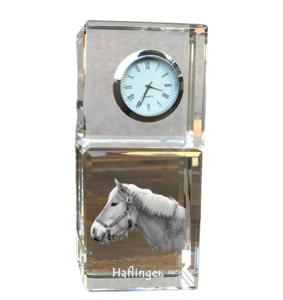 Haflinger - montre en cristal avec photo, photo de cheval dans le cristal, horloge de bureau personnalisée de la marque Art-Dog