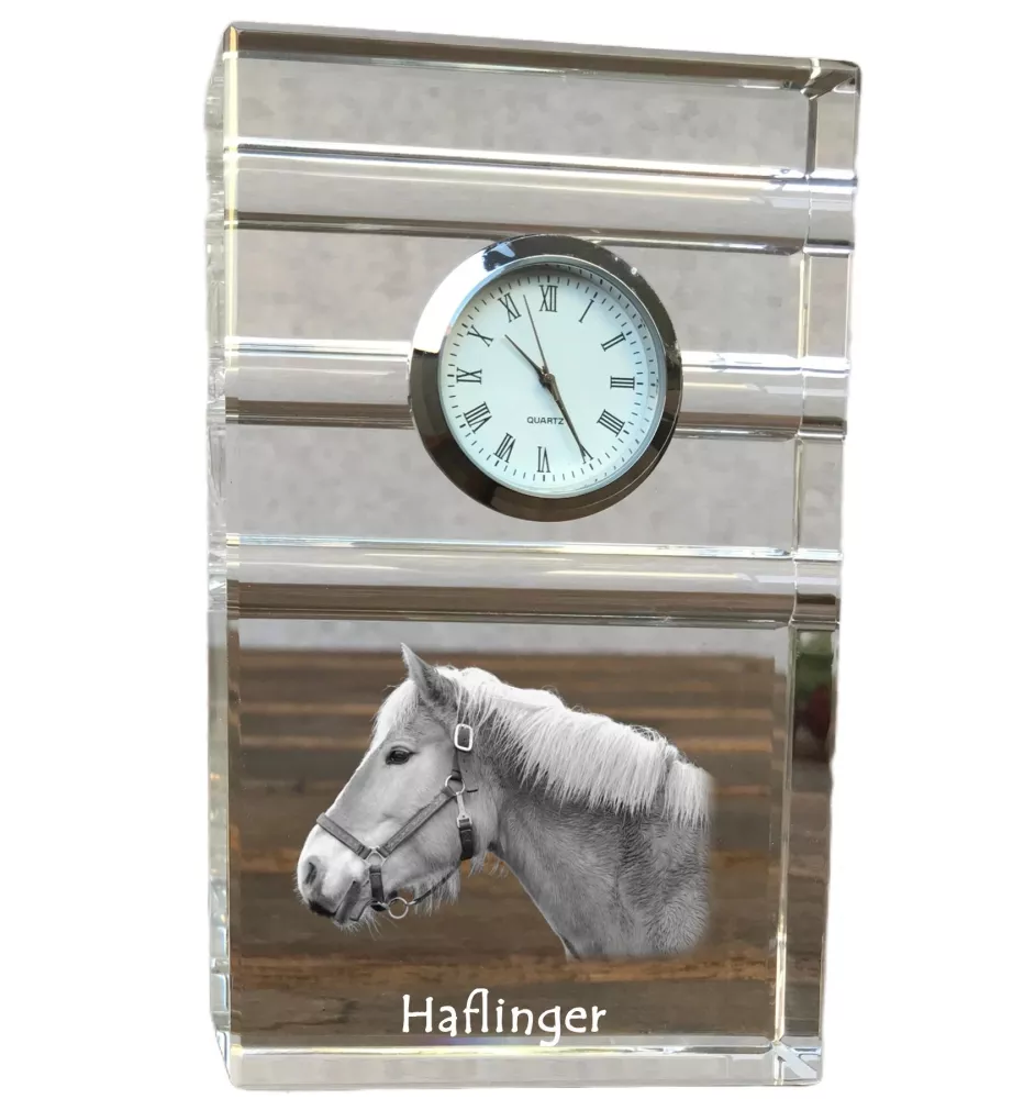 Haflinger - horloge en verre avec photo, photo de cheval dans un cristal, horloge de bureau personnalisée de la marque Art-Dog