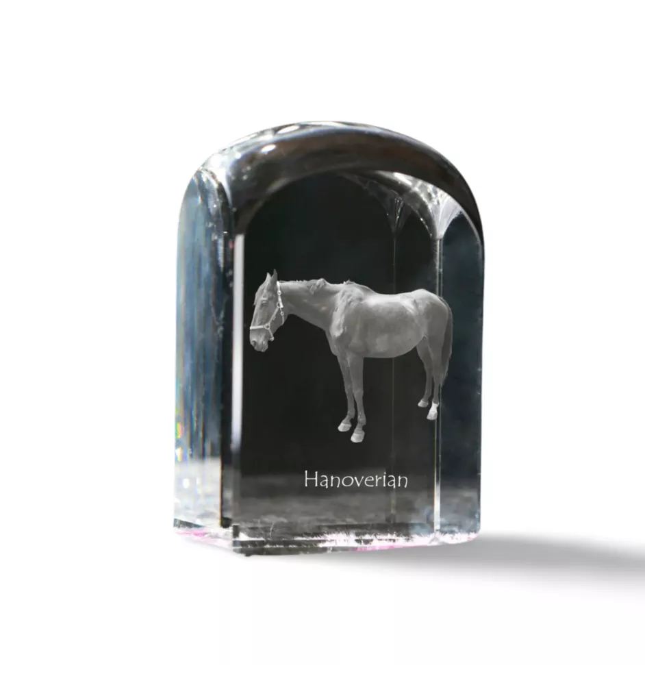 Hanoverian - crystal cube with a photo, photo of a horse in crystal, cubic paperweight from Art-Dog brand