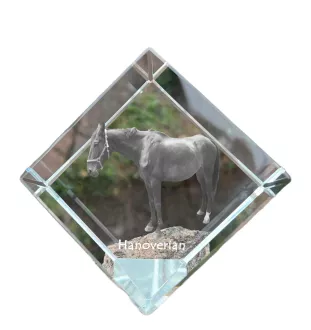 Hanoverian - crystal cube with a horse picture, horse picture in crystal, cubic paperweight from Art-Dog brand
