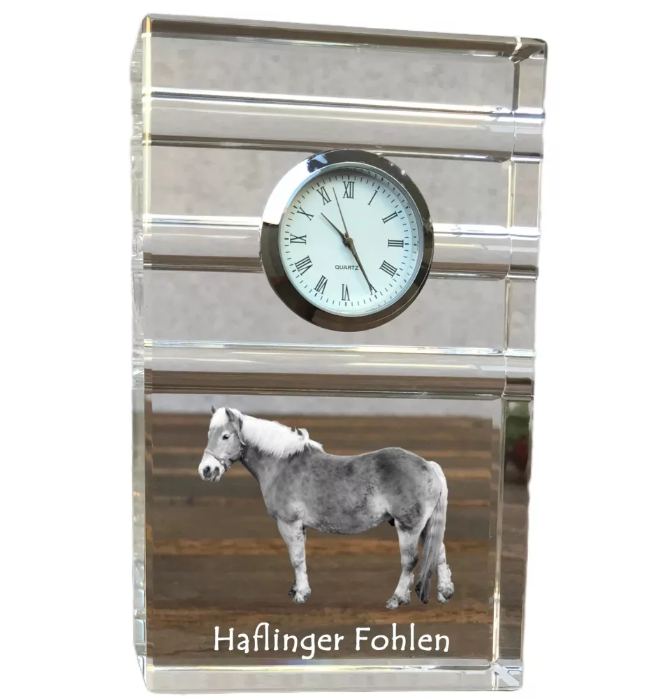 Haflinger Fohlen - Glasuhr mit Foto, Pferdefoto im Kristall, personalisierte Tischuhr für das Büro der Marke Art-Dog