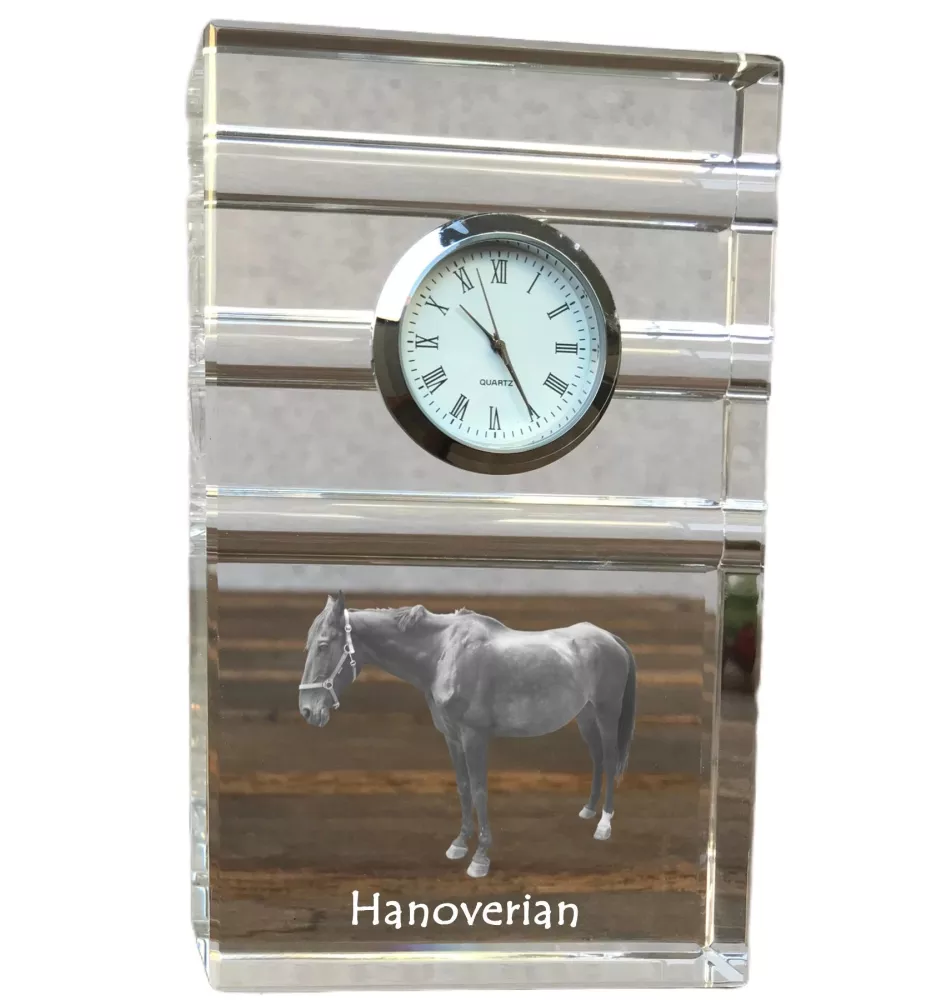 Hanoverian - glass clock with a photo, photo of a horse in crystal, personalized standing office clock by Art-Dog brand