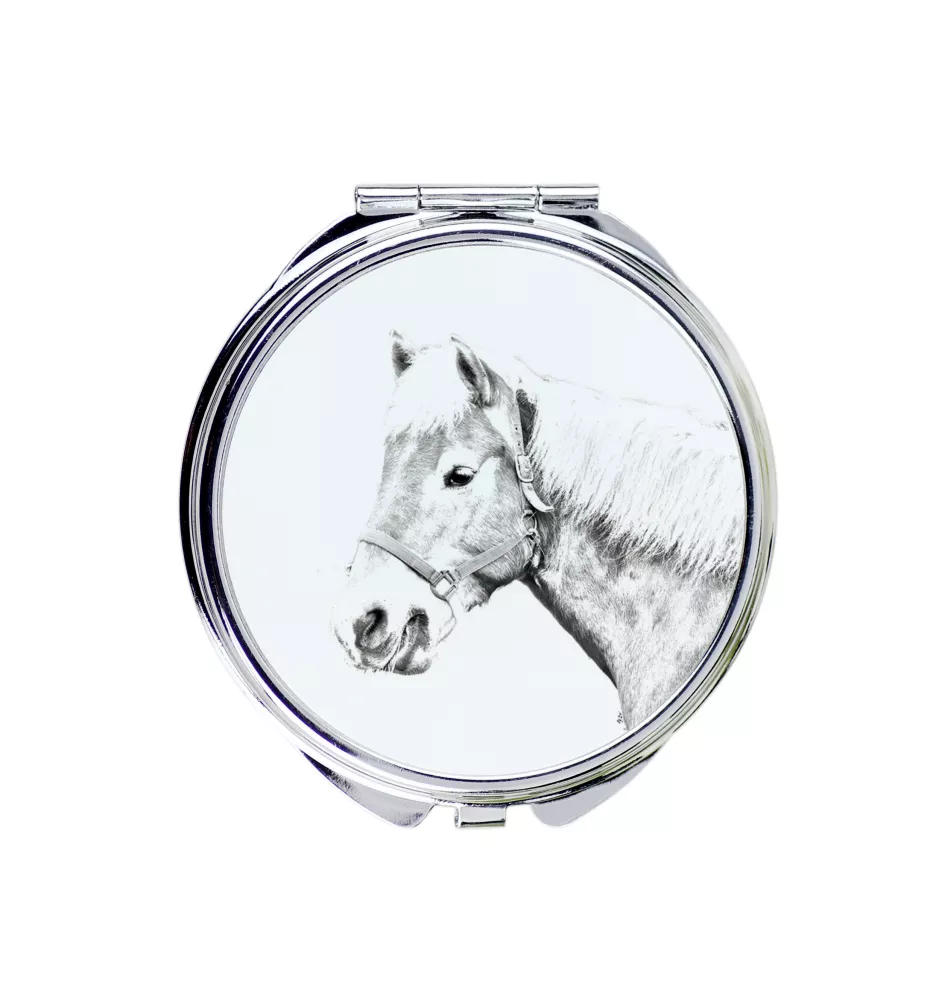 Haflinger Fohlen - Taschenspiegel mit Pferd, personalisierter Taschenspiegel, kompakter Spiegel mit Art-Dog-Logo