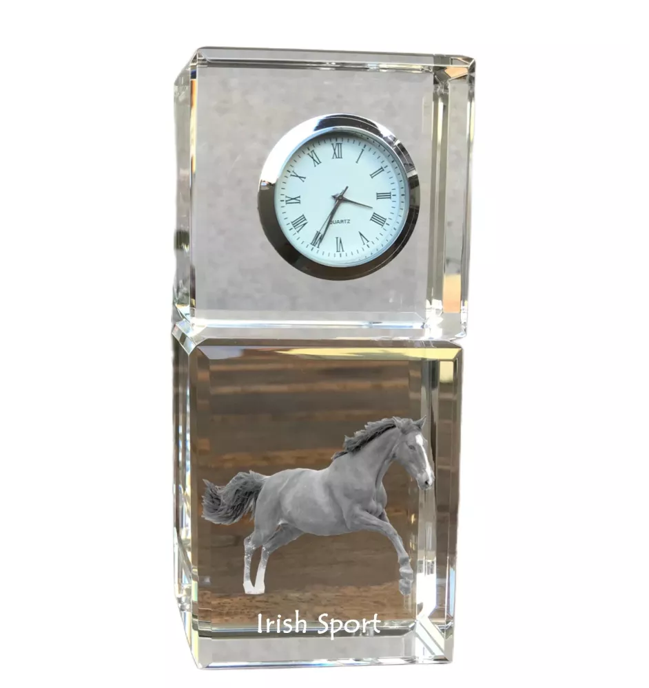 Irish Sport - crystal clock with a photo, photo of a horse in crystal, personalized desk clock by Art-Dog brand