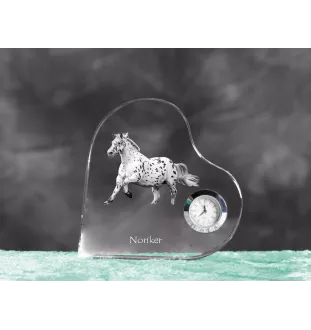 Noriker - crystal clock with a picture of a horse, heart-shaped shelf clock, personalized standing clock by Art-Dog brand