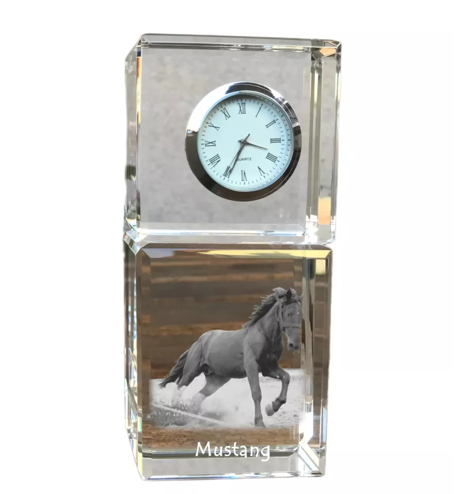Mustang - montre en cristal avec photo, photo de cheval dans le cristal, horloge de bureau personnalisée de la marque Art-Dog