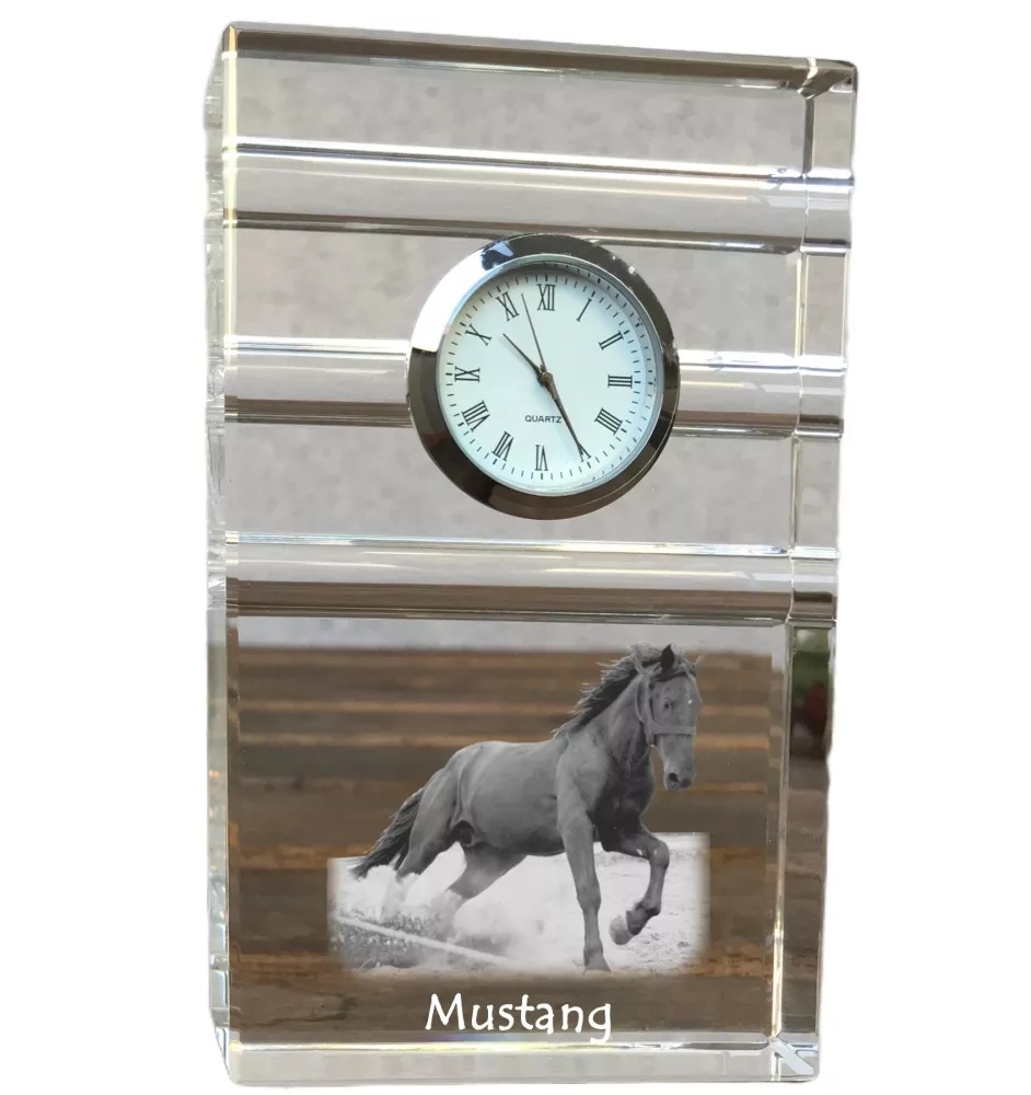 Mustang - Glasuhr mit Foto, Pferdefoto im Kristall, personalisierte Tischuhr für das Büro der Marke Art-Dog