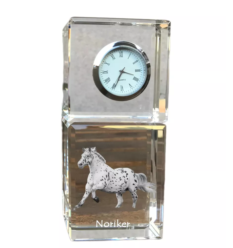 Noriker - crystal clock with a photo, photo of a horse in crystal, personalized desk clock by Art-Dog brand