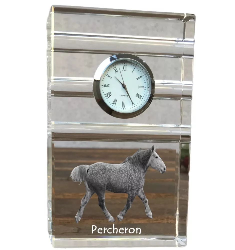 Percheron - glass clock with a photo, photo of a horse in crystal, personalized standing office clock by Art-Dog brand