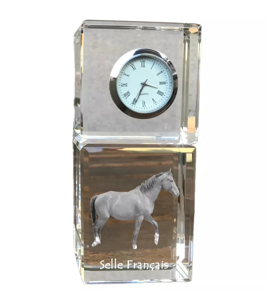 Selle Français - montre en cristal avec photo, photo de cheval dans le cristal, horloge de bureau personnalisée de la marque Art-Dog