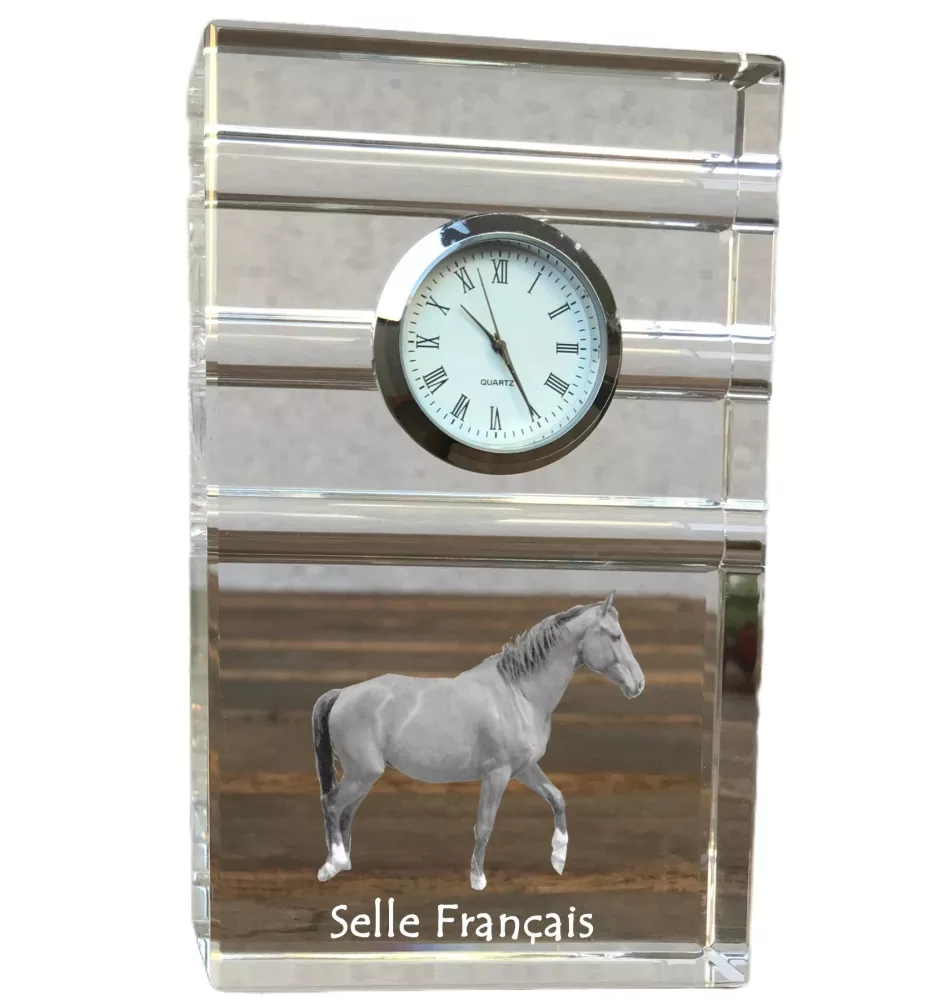 Selle Francais - glass clock with a photo, photo of a horse in crystal, personalized standing office clock by Art-Dog brand