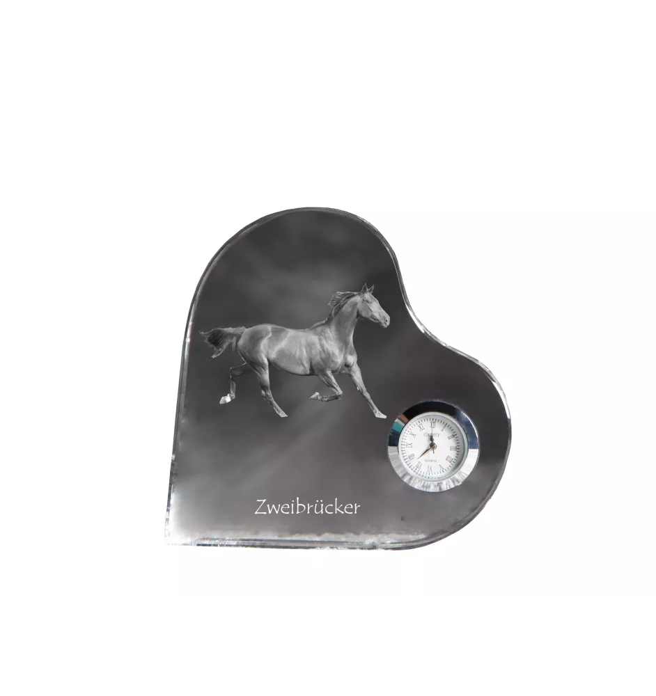 Zweibrücker - crystal clock with a picture of a horse, heart-shaped shelf clock, personalized standing clock by Art-Dog brand