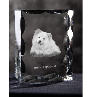 Finnischer Lapphund, Suomenlapinkoira, Lapinkoira - Kristall mit einem Hundebild, Glasstatuette mit einem Bild, einzigartiger Bilderrahmen der Marke Art-Dog