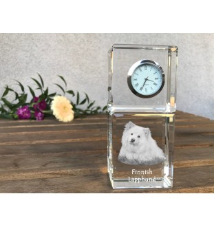 Finnischer Lapphund, Suomenlapinkoira, Lapinkoira - Kristalluhr mit Foto, Hundebild im Kristall, personalisierte Schreibtischuhr von Art-Dog.