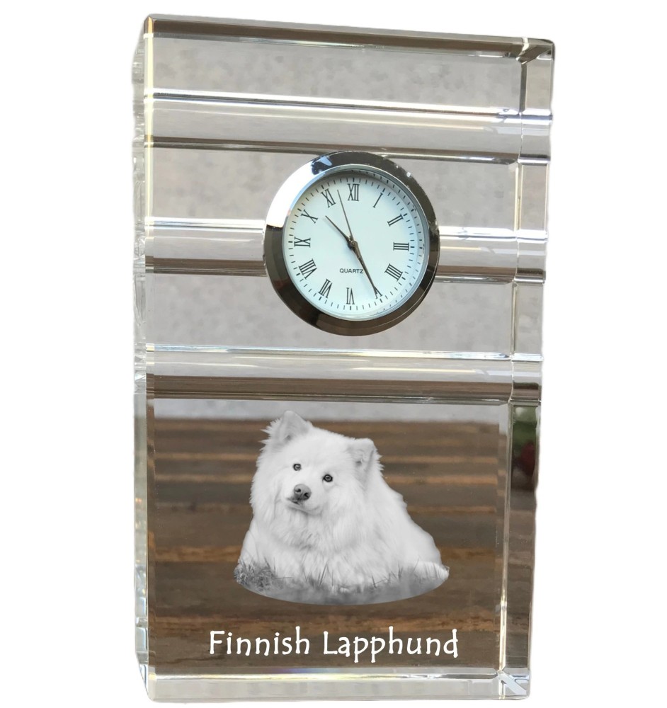 Finnish Lapphund, Finnish Lapponian Dog - glass clock with a photo, photo of a dog in crystal, personalized standing office clock by Art-Dog brand