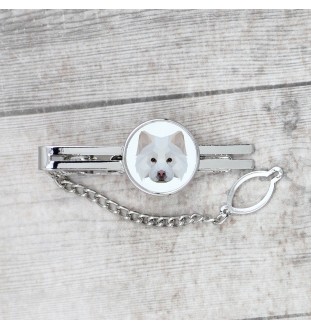 Finnischer Lapphund, Suomenlapinkoira, Lapinkoira - geometrische Krawattennadel mit Bild und Schriftzug von Art-Dog