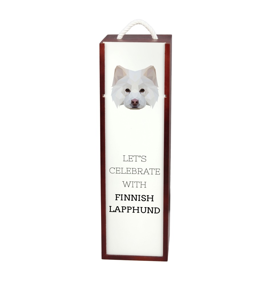 Finnischer Lapphund, Suomenlapinkoira, Lapinkoira - geometrische Box mit einem Bild und Schriftzug für Wein der Marke Art-Dog