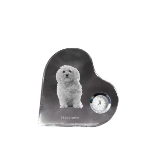 Havanese, Havanese Cuban Bichon, Bichón Havanés - crystal clock with a dog picture, heart-shaped shelf clock, personalized standing clock by Art-Dog brand