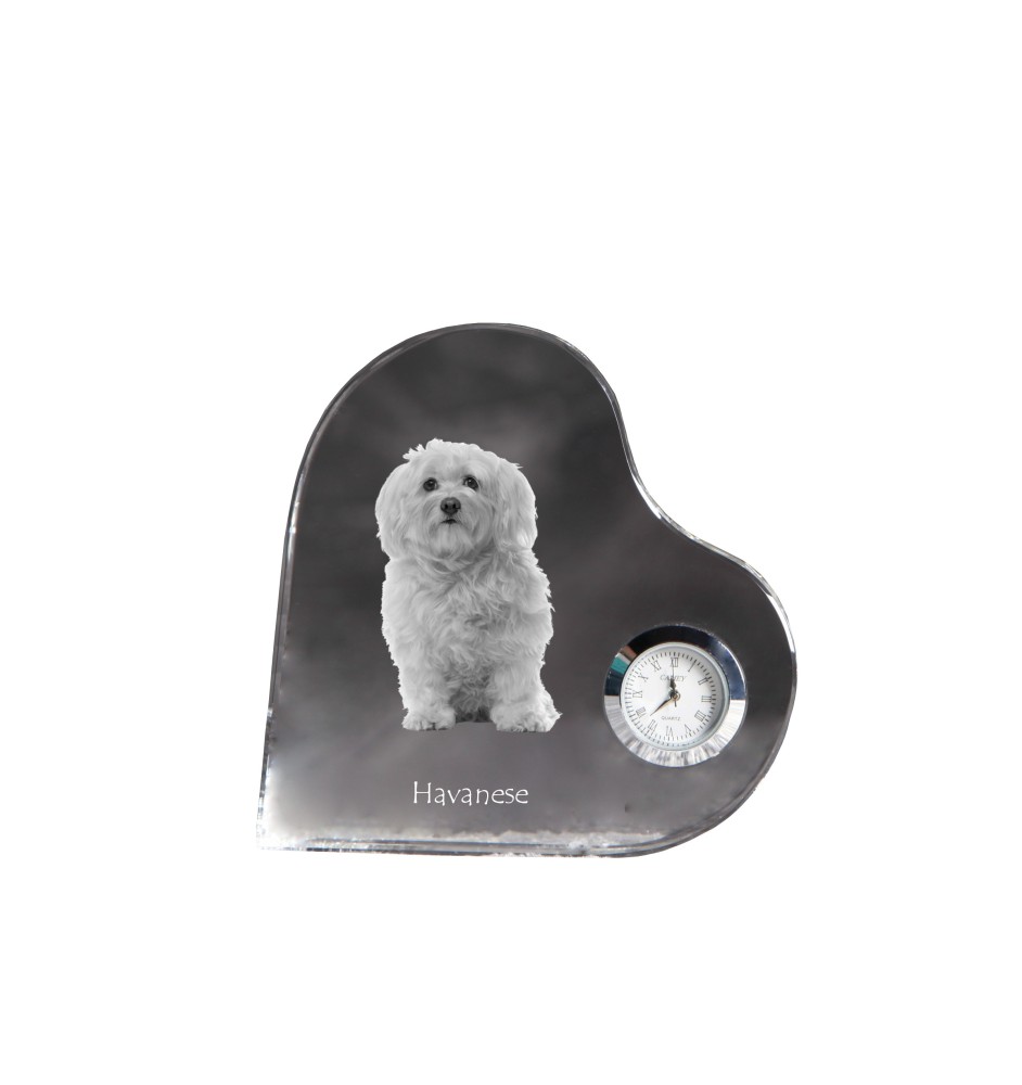 Havanese, Havanese Cuban Bichon, Bichón Havanés - crystal clock with a dog picture, heart-shaped shelf clock, personalized standing clock by Art-Dog brand