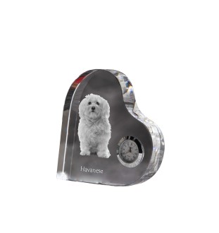 Havanese, Havanese Cuban Bichon, Bichón Havanés - crystal clock with a dog picture, heart-shaped shelf clock, personalized standing clock by Art-Dog brand