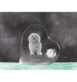 Havanese, Havanese Cuban Bichon, Bichón Havanés - crystal clock with a dog picture, heart-shaped shelf clock, personalized standing clock by Art-Dog brand