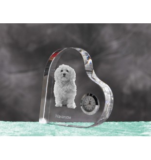 Havanese, Havanese Cuban Bichon, Bichón Havanés - crystal clock with a dog picture, heart-shaped shelf clock, personalized standing clock by Art-Dog brand