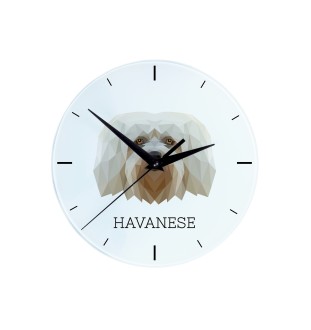 Havanese, Havanese Cuban Bichon, Bichón Havanés - geometric wall clock with a picture and the brand name Art-Dog