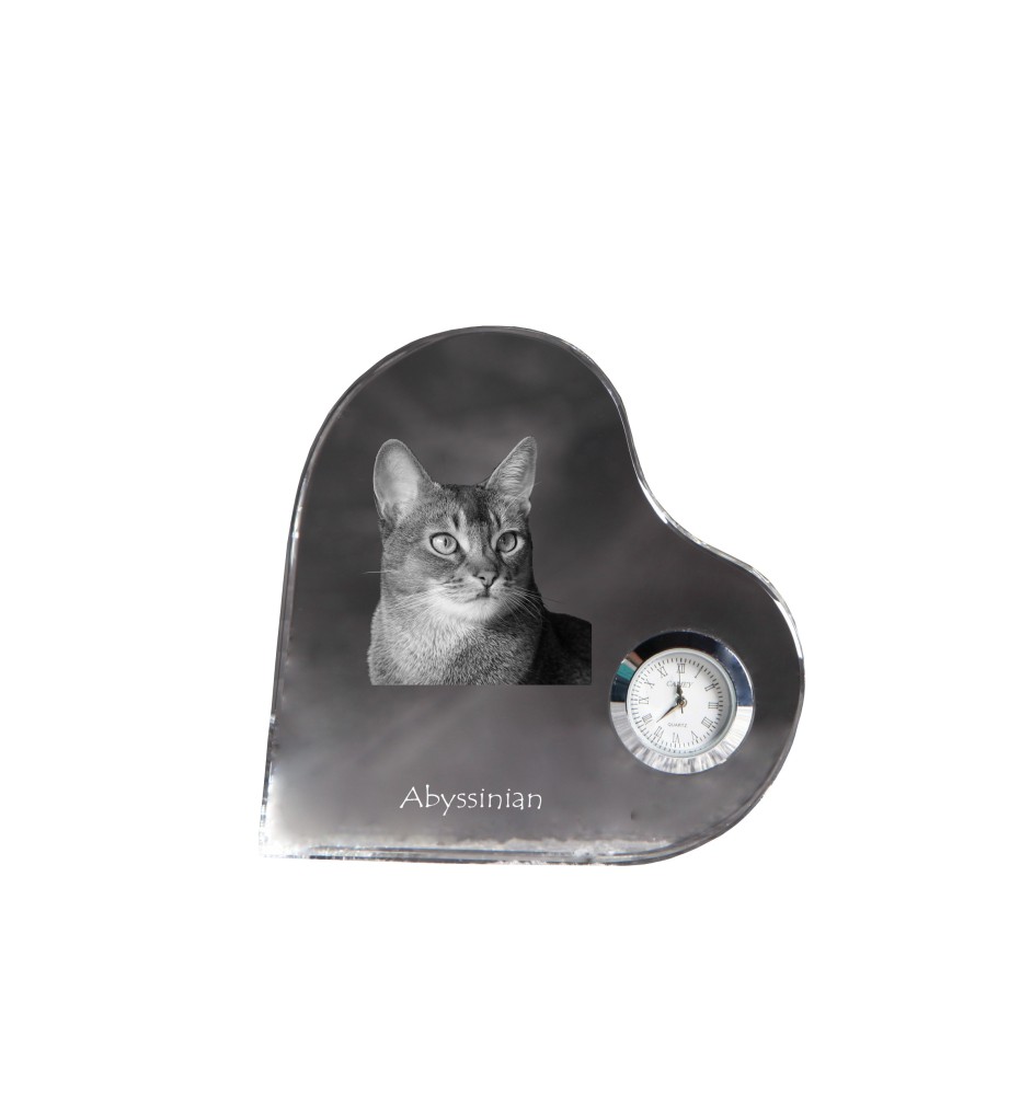 Abyssinian - crystal clock with a picture of a cat, heart-shaped shelf clock, personalized standing clock by Art-Dog brand