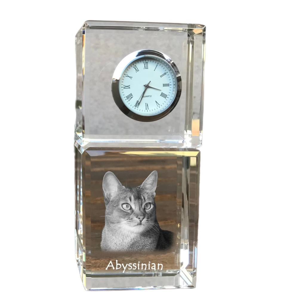 Abessinier - Kristalluhr mit Bild, Katzenbild im Kristall, personalisierte Schreibtischuhr von Art-Dog.
