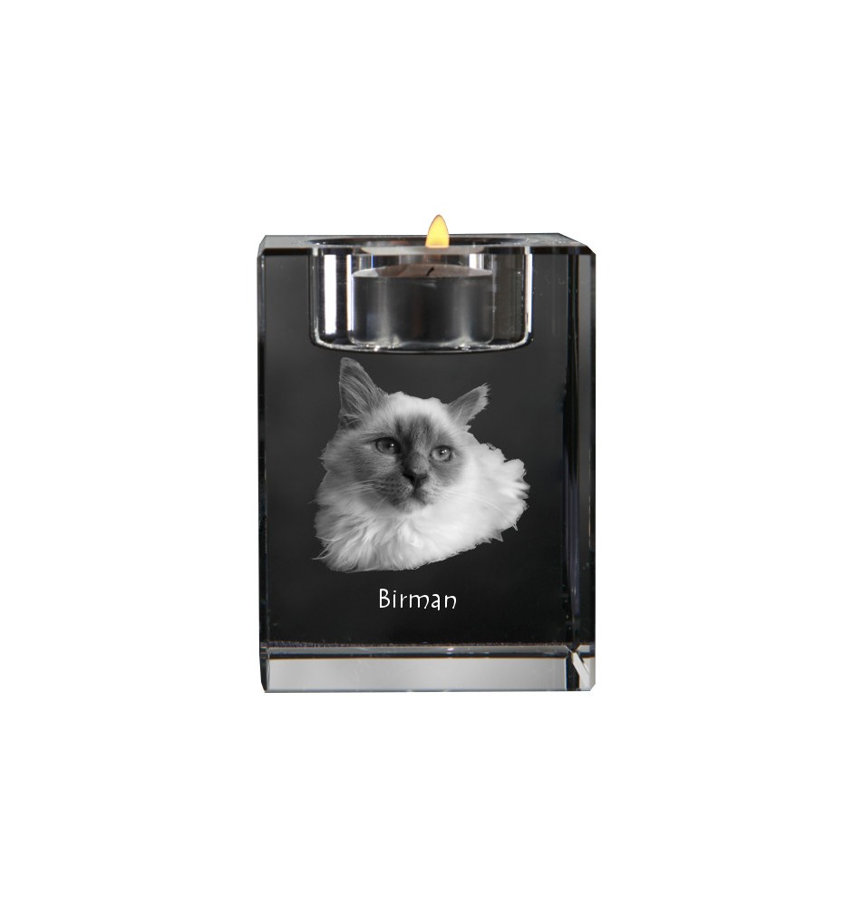 Birman - Bougeoir avec photo de chat, porte bougie en cristal, cadeau personnalisé par la marque Art-Dog