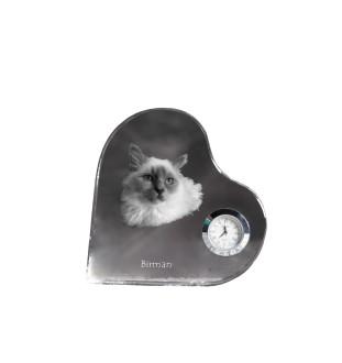 Birman - crystal clock with a picture of a cat, heart-shaped shelf clock, personalized standing clock by Art-Dog brand