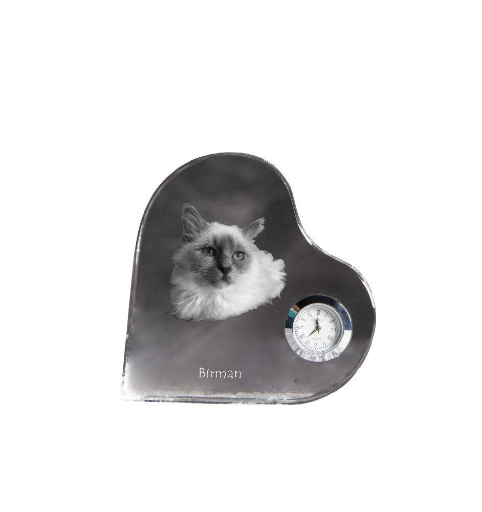 Birman - crystal clock with a picture of a cat, heart-shaped shelf clock, personalized standing clock by Art-Dog brand