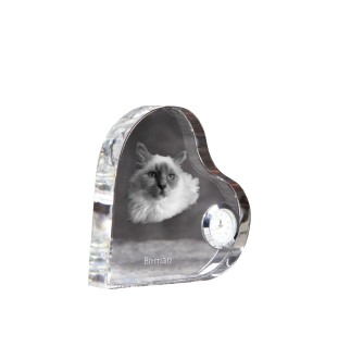 Birman - crystal clock with a picture of a cat, heart-shaped shelf clock, personalized standing clock by Art-Dog brand