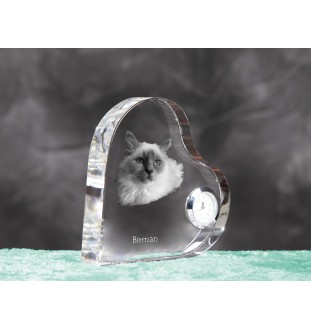 Birman - crystal clock with a picture of a cat, heart-shaped shelf clock, personalized standing clock by Art-Dog brand