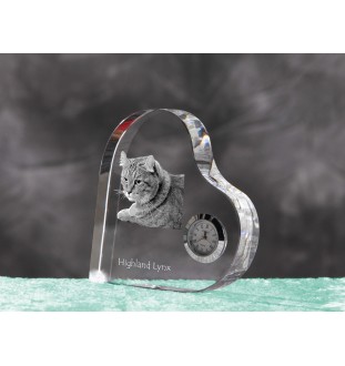 Highland Lynx - crystal clock with a picture of a cat, heart-shaped shelf clock, personalized standing clock by Art-Dog brand