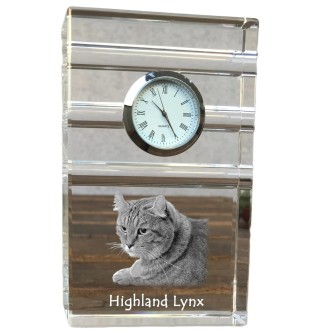 Highland Lynx - glass clock with a photo, photo of a cat in crystal, personalized standing office clock by Art-Dog brand