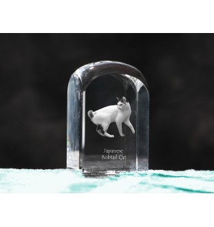 Japanese Bobtail Cat - crystal cube with a photo, photo of a cat in crystal, cubic paperweight from Art-Dog brand