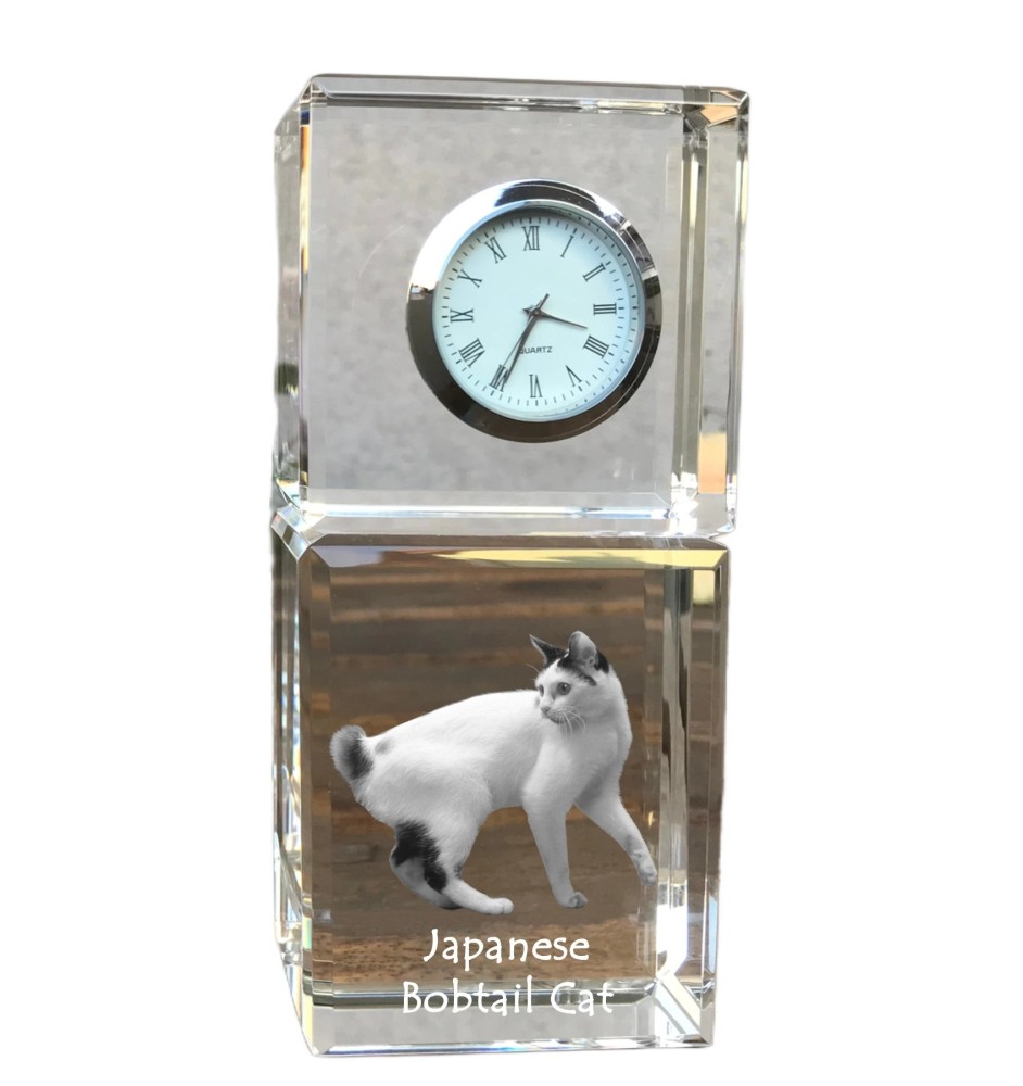 Japanische Bobtail Katze - Kristalluhr mit Bild, Katzenbild im Kristall, personalisierte Schreibtischuhr von Art-Dog.