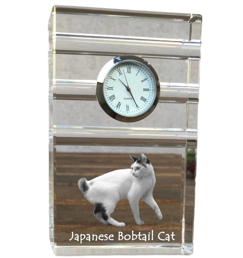 Japanische Bobtail Katze - Glasuhr mit Foto, Katzenfoto im Kristall, personalisierte Standuhr für das Büro der Marke Art-Dog
