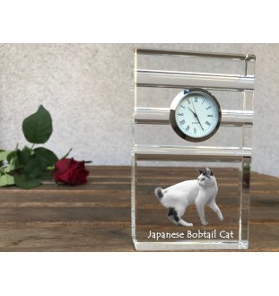 Japanese Bobtail Cat - glass clock with a photo, photo of a cat in crystal, personalized standing office clock by Art-Dog brand